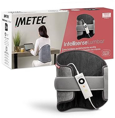 Imetec Intellisense Lumbar, termoforo, cuscino termico per zona lombare con fascia elastica, Rapido riscaldamento, Tessuto anallergico, 5 temperature, Electro block di sicurezza, Lavabile, 61x38 cm