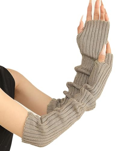 Women Knitted Arm Warmers Long Warm Arm Sleeves Fingerless Thumb Hole Gloves Winter Wrist Warmers Over Elbow Gloves Light Grey