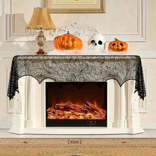 Halloween Tischdecke,Schwarz Spitze Spinnennetz Kamin Deko,Halloween Spinnennetz Kaminschal,Halloween Deko Innen,Halloween Deko Tuch Kaminmantel Schal Cover Karneval Halloween Party Dekoration