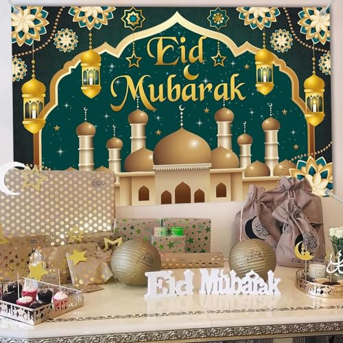 KEPMOV Eid Mubarak Banner Grün Gold, Ramadan Mubarak Backdrop Banner Ramadan Dekorationen für Hause, Große Stoff Ramadan Mubarak Zeichen Banner für Muslimische Festival Fotografie Wand Hintergrund