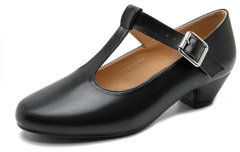 MAIERNISI JESSI Women's T-Strap Mary Jane Pumps, Low Block Heel, Buckle Closure, Black Matte, 4.5 UK