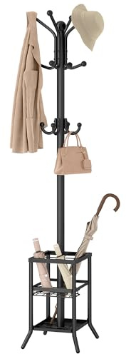 FAVOOSTY Coat Rack Freestanding,Coat Rack Stand with Umbrella Holder,Metal Coat Tree with 12 Hooks,Tree Clothes Hat for Entryway, Hallway, Bedroom, Living Room & Office -Black