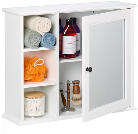 Relaxdays Mobiletto da Bagno Pensile, 3 Ripiani e 2 Scomparti, Armadietto con Anta a Specchio, MDF, 48x60x18 cm, Bianco, Fibra di Legno, Vetro