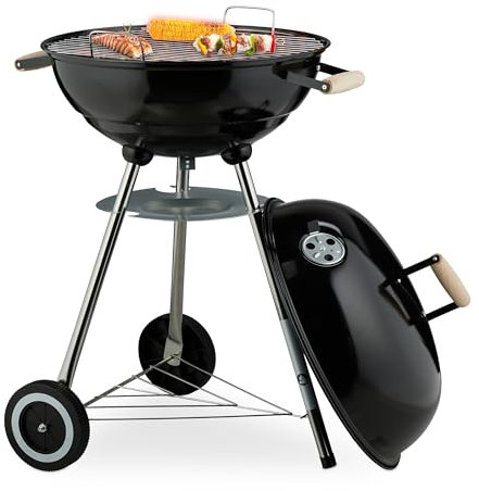 Relaxdays Barbacoa Carbón, 44 cm Ø, BBQ Exterior, Parrilla para Brasas con Ruedas y Soporte, Recoge Cenizas, Negro, Plástico, Inoxidable, Acero, L