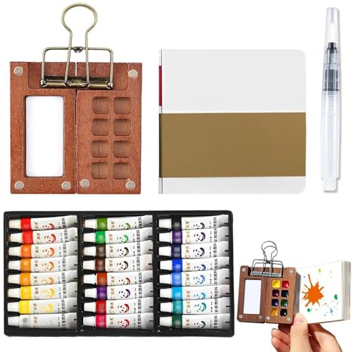 agogue Set di 8 mini acquerelli per artisti, portatile tascabile, per acquerelli (pittura + penna + libro + 24 colori), mini acquerello per artisti e principianti