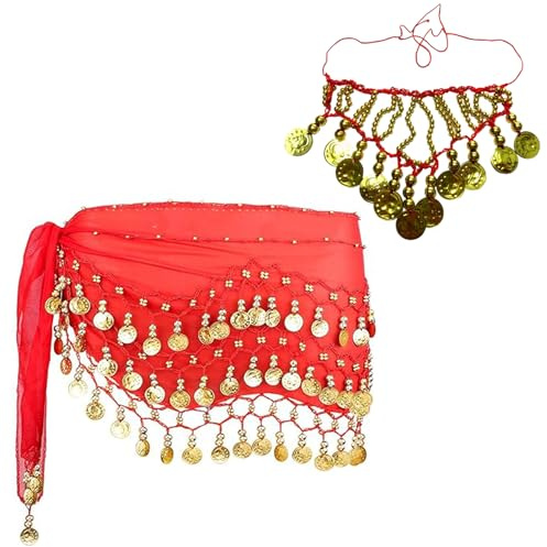 Guyode Foulard Danse Orientale avec 1 Ceintures de Tête Tenue Danse Orientale Femme Écharpes de Hanche du Ventre sur Scène Représentations d'anniversaire Représentations de Fête (Rouge)