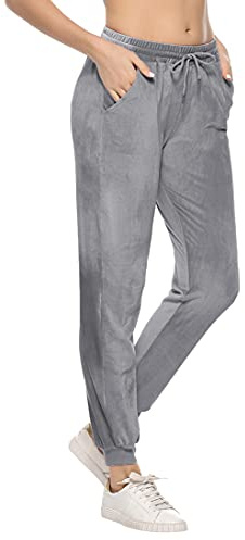 Aottori Women Velour Joggers Trousers Winter Warm Jogging Pants Ladies Velvet Sweatpants Casual Drawstring Tracksuit Bottoms with Pocket Grey M
