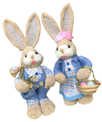 NUEAYMS 2 figuras de paja de animales de Pascua Escultura decorativa de pareja para decoración de interiores exteriores de paja conejo