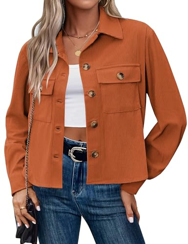 HOTOUCH Giacche da donna in velluto a coste con bottoni giacca casual leggera giacche corte autunnali a maniche lunghe giacca corta con tasche, Arancione, S