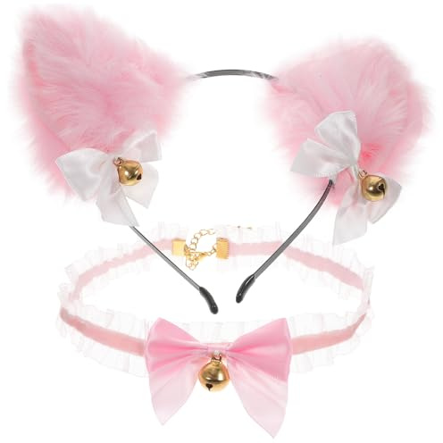 Sewroro Serrage-tête Oreilles de Chat en Dentelle Collier à Clochettes en Métal, Confortable Toucher, pour Cosplay et Séances Photo, Ensemble