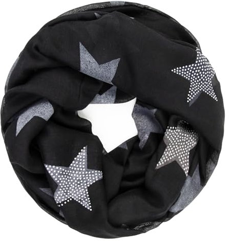 Glamexx24 Loop schal leichter Langschal Sterne Muster Schlauchschal Strass Tuch Viele Farben SC20170401, Schwarz, Einheitsgröße
