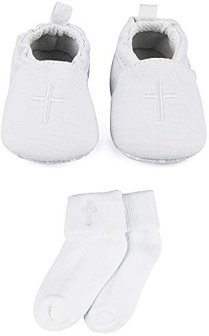 LACOFIA Baby, flicka, halkfri, mjuk sula, vita dopskor och haklapp med broderat kors, Vit - E-vit - 12-18 Monate