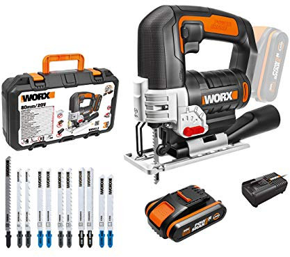WORX 18V (20V MAX) Scie Sauteuse électrique sans Fil Professionnelle WX543.2, ±45 ° Variable speed 0-2600spm, Longueur de course 24MM, 1 lame en bois + 10 lames, 2,0Ah Batterie