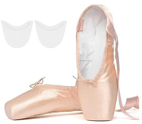 Ballet Pointe Shoes Dance Shoes with Sewed Ribbon and Silicone Toe Pads for Girls Womens Pink