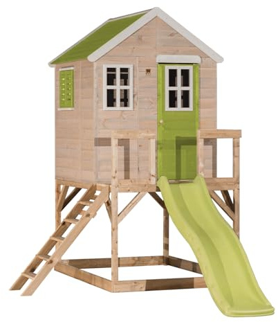 Wendi Toys casetta di legno per bambini con scivolo, FSC, 310×197×242 cm con scala, terrazza e pavimento, casetta da esterno per bambini, verde - M22L