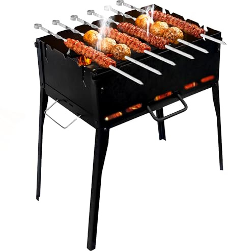 CKG Barbecue portatile resistente pieghevole Kazan Mangal BBQ Kabab Shashlyk Fornello da campeggio Outdoor Travel 6 Spiedini Brazier 2 mm Spessore metallo