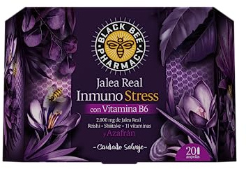 Black Bee - Jalea Real Inmuno Stress, Complemento Alimenticio con Jalea Real, Vitamina B, Reishi, Shiitake y Azafrán, Defensa y Bienestar Mental - 20 Ampollas