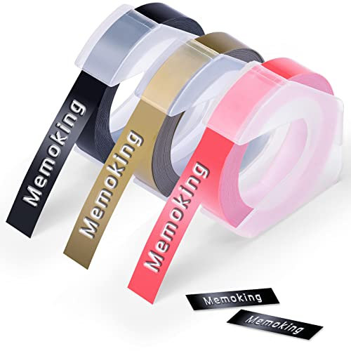 Embossing Label Tape 3/8 (9mm) Compatible with Phomemo, Goknu, Dymo Omega, DYMO Junior, LabelCenter, VolenGo, Embossing Label Maker E975, 3D Plastic Labels, Black/Gold/Pink, 3 Pack