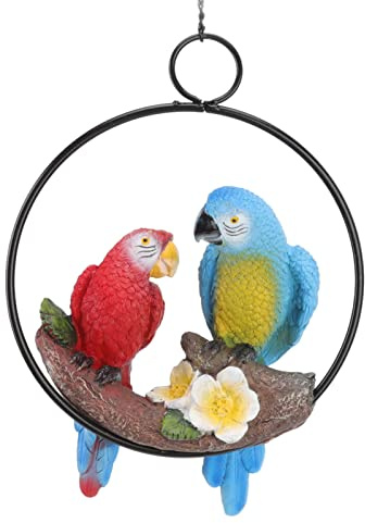 Figurine de Perroque, Statue de Perroquets en Anneau de Fer Suspendus, D'ornement de Simulation d'oiseaux de Perroquet en Résine, Décoration Dartisanat en Anneau de Fer pour Patio Balcon Jardin