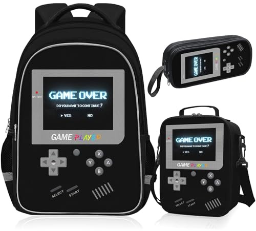 TILYTADLY School Backpack for Boys - 3pcs Gamer Boys Backpack with Lunch Box Set for Kids Children Teens Elementary Middle School - Students Bag Ages 6-18,17″ Video Game Bookbag Travel Back Pack