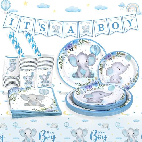 Heboland Babyparty Deko Junge Pappteller Set für 25 Gäste, 127 Stück its a boy Baby shower deko mit Teller, Becher, Servietten, Tischdecke und Banner für deko babyparty, babyshowerparty deko