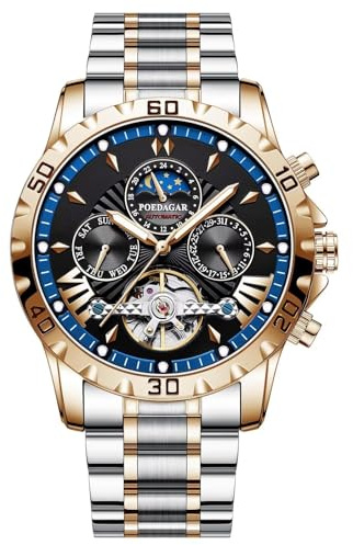 FORSINING Tourbillon självuppdragande herrklocka, rostfritt stålarmband, månfas, mekanisk klocka, analog datumvisning, blå, armband, blå, Armband