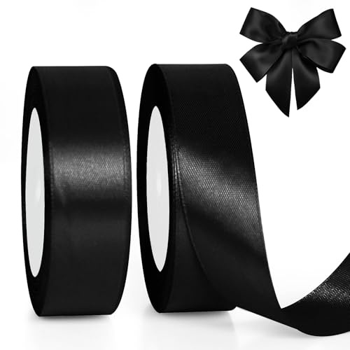 GXFCING Cinta de Satén Negra 25 mm x 46 m, Cinta de Raso Satén Para el Embalaje de Regalos, Globos, Artesanías, Decoración de Pastel, Ramos, Navidad (23 m/rollo)