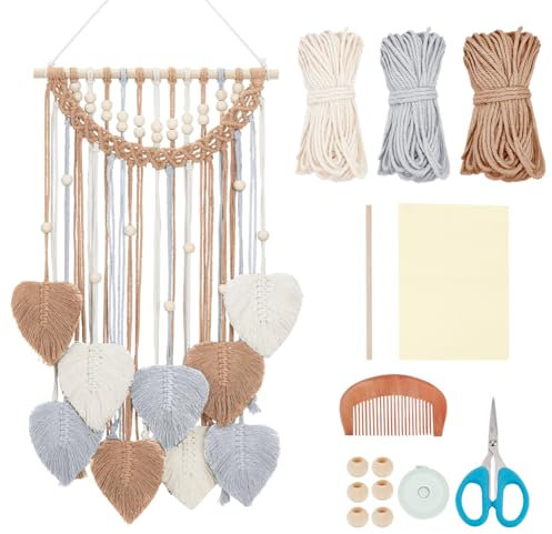 ORIGACH Makramee Wandbehang Set für Anfänger, Makramee Blatt Wandbehang Kit Mit Anleitung Makramee Knüpf-Set Zum Basteln und Knüpfen Set für Dekoration, HellBraune Beige Und Grau
