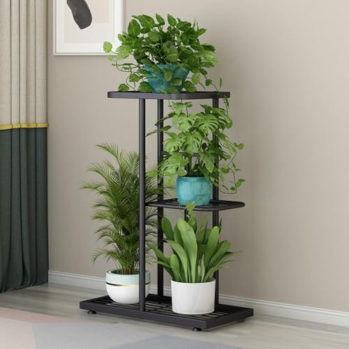 Hapihom Support de plantes en métal à 3 étages pour intérieur et extérieur, étagère d'angle pour plantes avec 4 pots, étagère à fleurs pour plusieurs plantes, gris foncé avec argent