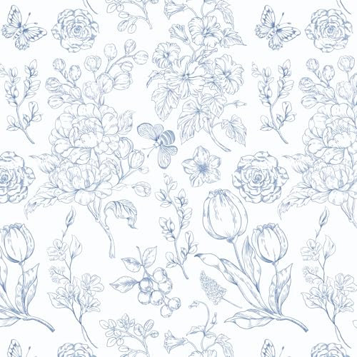 Fiula Papel tapiz autoadhesivo azul y blanco, diseño floral, 44 x 300 cm, tulipanes, mariposas, papel de contacto impermeable, extraíble, para sala de estar, dormitorio, grueso