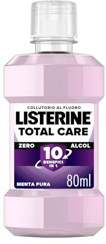 LISTERINE Total Care Mundspülung Reisemundwasser 0% Alkohol für umfassenden Schutz mit mildem Geschmack von reiner Minze, ohne Alkohol und mit Fluorid für starke Zähne und gesundes Zahnfleisch, 80 ml