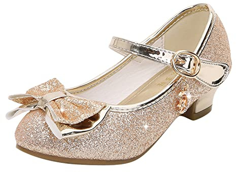 LOIJMK Flickor, glitter, prinsessa, klack, skor, sandaler, pumps, högklackade skor, paljetter, prinsesskor, barn, cosplay, skor, fester, karneval, dansskor, Mary Jane bröllopsskor, balettskor, Gold20