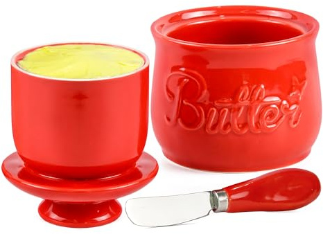 Rixordd Red Butter Crock & Stainless Steel Spreader Knife Set - Portaburro francese con linea d'acqua, burriera da banco - Porcellana senza piombo, lavabile in lavastoviglie, rosso vivace