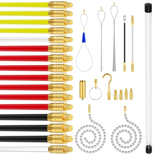 Super Pro 16M Cable Access Rod and 17pcs Attachments Accessories Set, Electricians Tools Including 16 x 1m Rods, Electric Wire Puller, Cable Installation Access Fishing Tool, Electrical Fish Tape