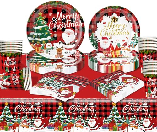 Moerstar Stoviglie per Feste di Natale, Set Stoviglie Natalizie con Piatti Carta Natale Bicchieri Carta Tovaglia Tovaglioli per Feste Decorazioni Natalizie per la Casa (A02)