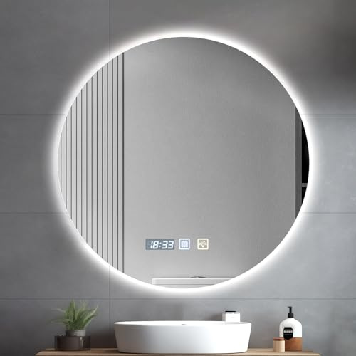 Hondony Espejo Baño con Luz LED Regulable - Espejo Redondo 60 cm con Antivaho e Interruptor Táctil - Espejos de Baño con Brillo 3000K/4500K/6500K, Retroiluminado (60 x 60 CM)