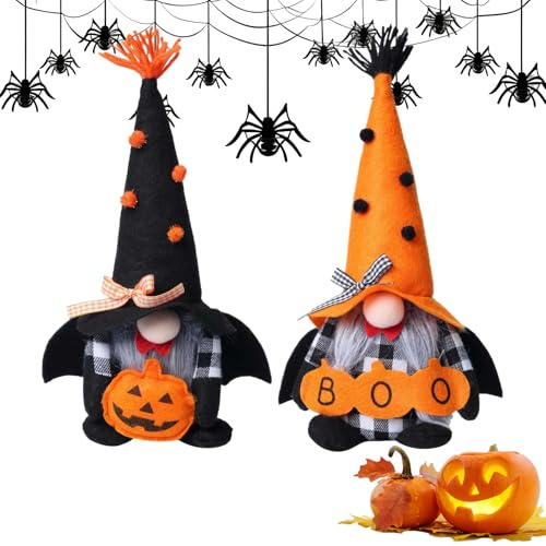 Bkljkf Decoración de gnomos de jardín de Halloween, 2 unidades de enanos de calabaza sin rostro para Halloween, figuras ornamentales sin rostro, decoración para el hogar para mesa, interior, exterior