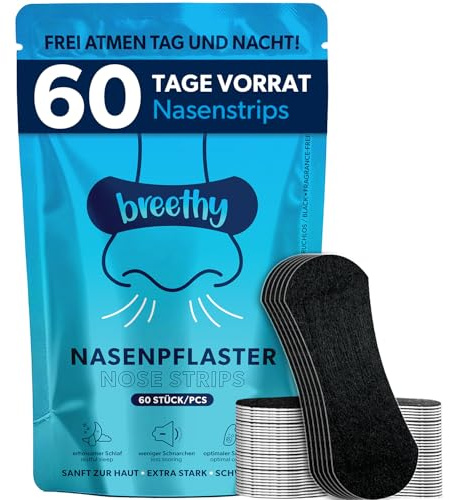 Breethy Nasenpflaster Schwarz, 60 Stück Nasenstrips gegen Schnarchen, Nasenstripes besser Atmen bei verstopfter Nase, Anti Schnarch Nasal Strips, Extra starker Halt für erholsamer Schlaf & Sport