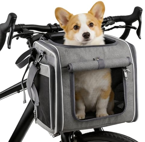 Hundkorg cykel fram till 10 kg, hundcykelkorg, vikbar andningsbar hundcykelkorg, utbyggbar hundryggsäck, med 4 öppna dörrar, 4-mesh-fönster, för små hund- och kattvalpar