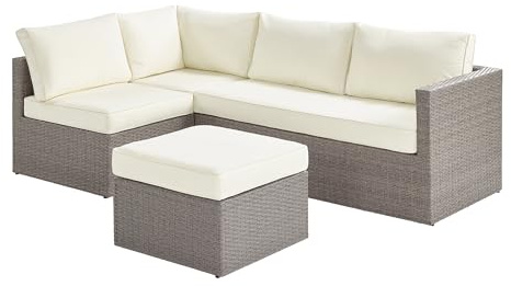 MMT L Shaped Rattan Corner Sofa with Coffee Table, Fully Assembled Garden | Furniture, Small Sofa for Outdoor Use, Cream Cushions, Chaise Lounge, Seats Up to 4