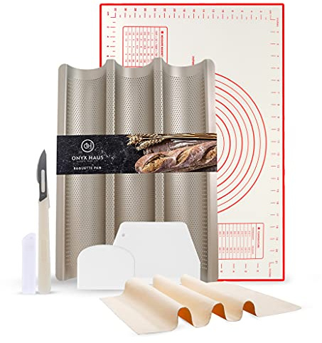 Onyx Haus French Bread Kit - Baguette Pan for Baking, Silicone Baking Mat, Dough Cutter and Scraper, Bread Lame Cutter, & Bakers Couche Proofing Cloth - Nonstick Bread Pans for Homemade Bread Gift Set