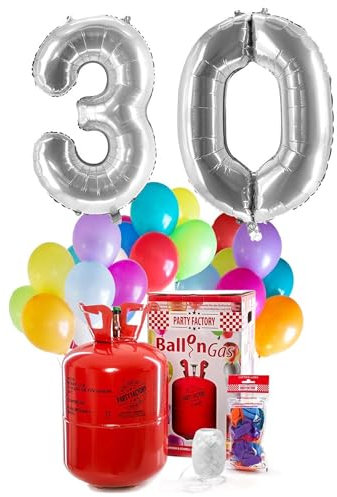 PARTY FACTORY Helium Geburtstags-Komplettset 30 - mit XXL Zahlenballons, 0,4m³ Ballongas, Ballonschnur & 30 bunten Latexballons - für Geburtstag, Jubiläum, Jahrestag in verschiedenen Farben (Silber)