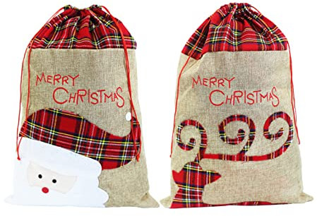 Sacchi di Natale. Sacchi di juta natalizi grandi da 40x58 cm. Sacchetti regalo natalizi fatti a mano in lino di iuta con coulisse. Confezione da 2.