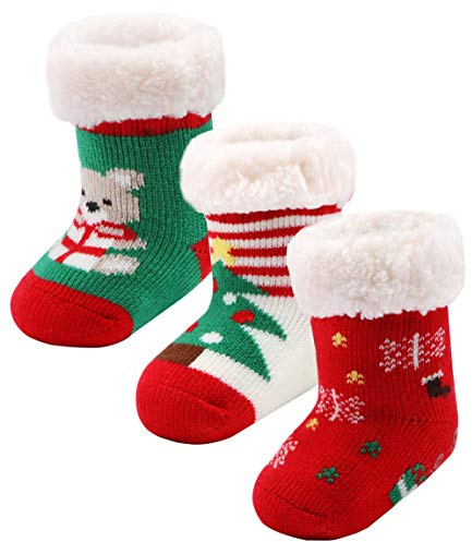 Wobon 3 Paia Ragazzo del Bambino Calzini Antiscivolo in Cotone, Calzini Invernali per Bambini e Ragazzi Calzini di Natale per Bambine e Ragazze (3 Paia di Natale B, 12-24 mesi)