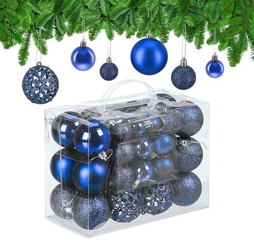 Relaxdays Weihnachtskugeln im 50er Set, glitzernde, Matte & glänzende Christbaumkugeln, Kunststoff, ∅ 3, 4 & 6 cm, blau