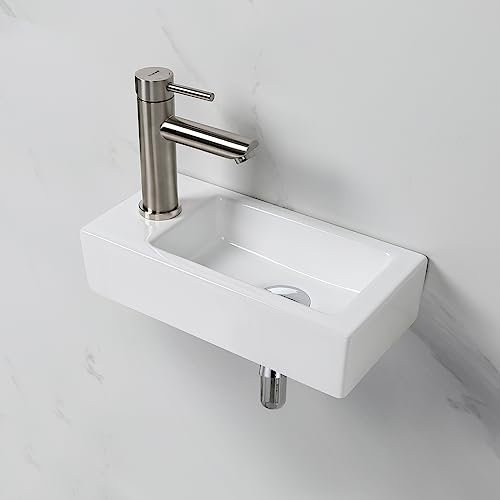 Ibergrif Lavabo de Cerámica Rectangular con 1 Orificio para Grifo, Lavabo de Mano Izquierda Montado en la Pared, Tamaño Pequeño: 376 × 188 × 93 mm, Blanco, M41102-L