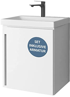 Planetmöbel Lavabo con Mueble 50 cm con Grifo Negro, Juego de Muebles de baño, suspendido, Blanco