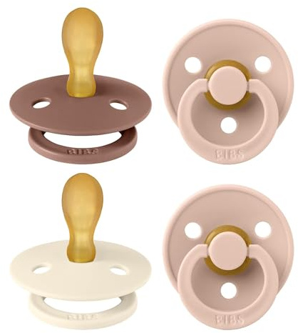 BIBS Colour Symmetrical Soother 4-Pack, BPA Free Dummy Pacifier, Symmetrical Nipple. Natural Rubber Latex, Made in Denmark. 6-18 Months (Pack of 4), Blush Mix