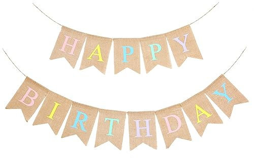 LOVENJOY Happy Birthday Bunting Banner Burlap Fabric Hessian Garland for Birthday Party Decorations Rustic, 16.4 Feet
