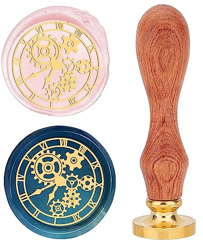 CRASPIRE Clock Wax Seal Stamp 25mm Removable Brass Head Vintage Gear Sealing Wax Stamp with Wooden Handle for Wedding Envelopes Invitations Gift Cards Decoration